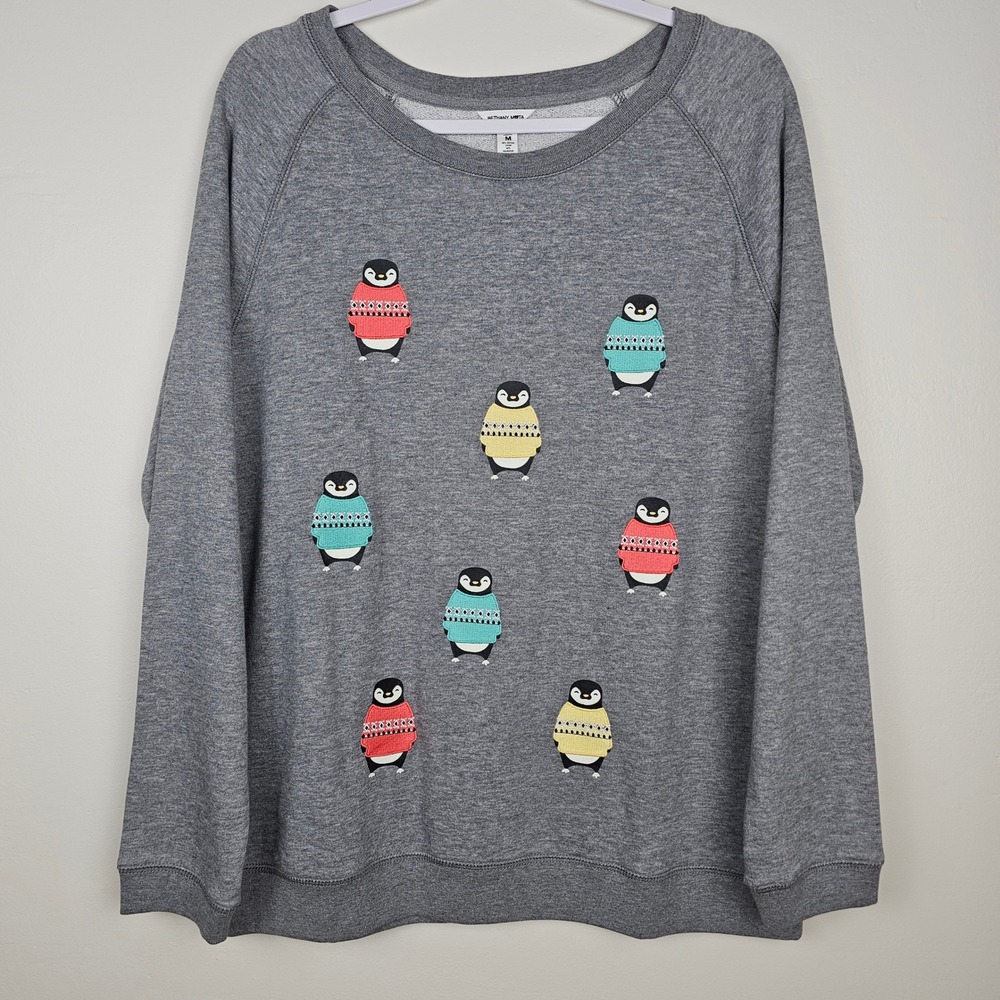 Bethany Mota Sweatshirt Women M Gray Penguin Graphic Pullover Raglan Casual